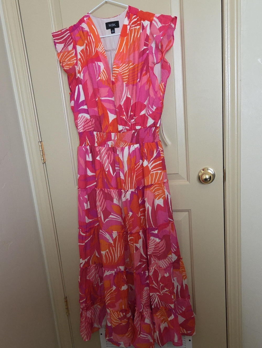 MSK Pink & Orange Tropical Tiered Maxi Dress